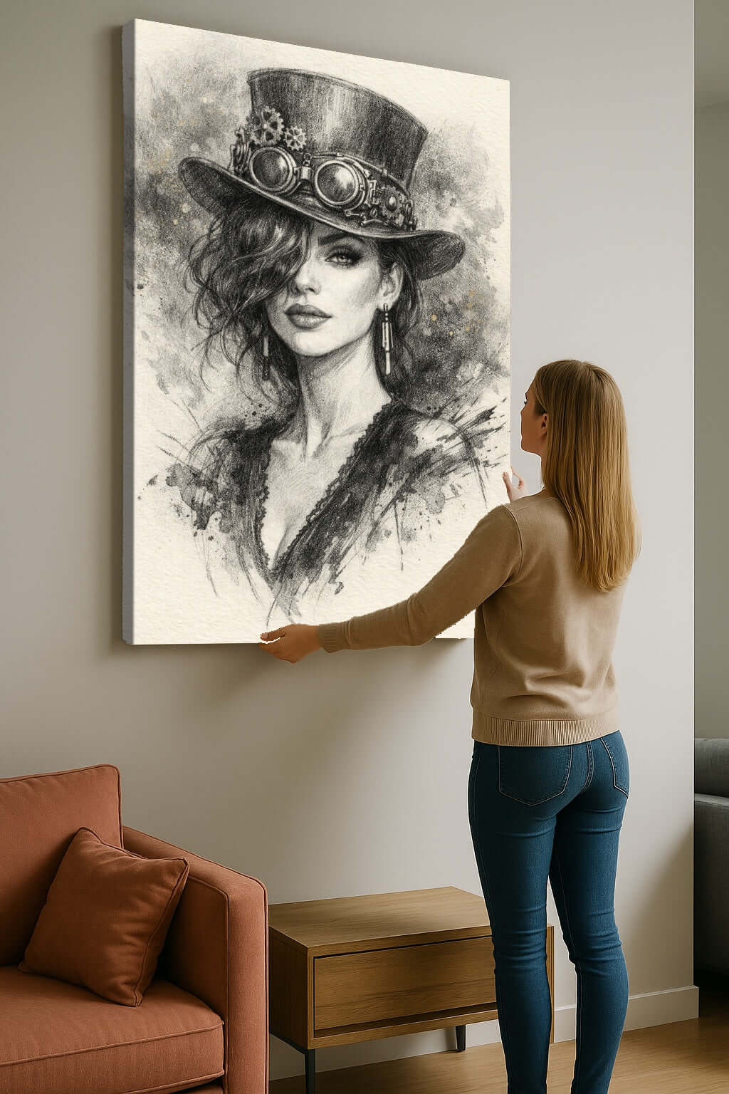 Canvas Schilderij Steampunk Vrouw met Tophat, vrouw bewondert schilderij op muur in stijlvolle woonkamer.