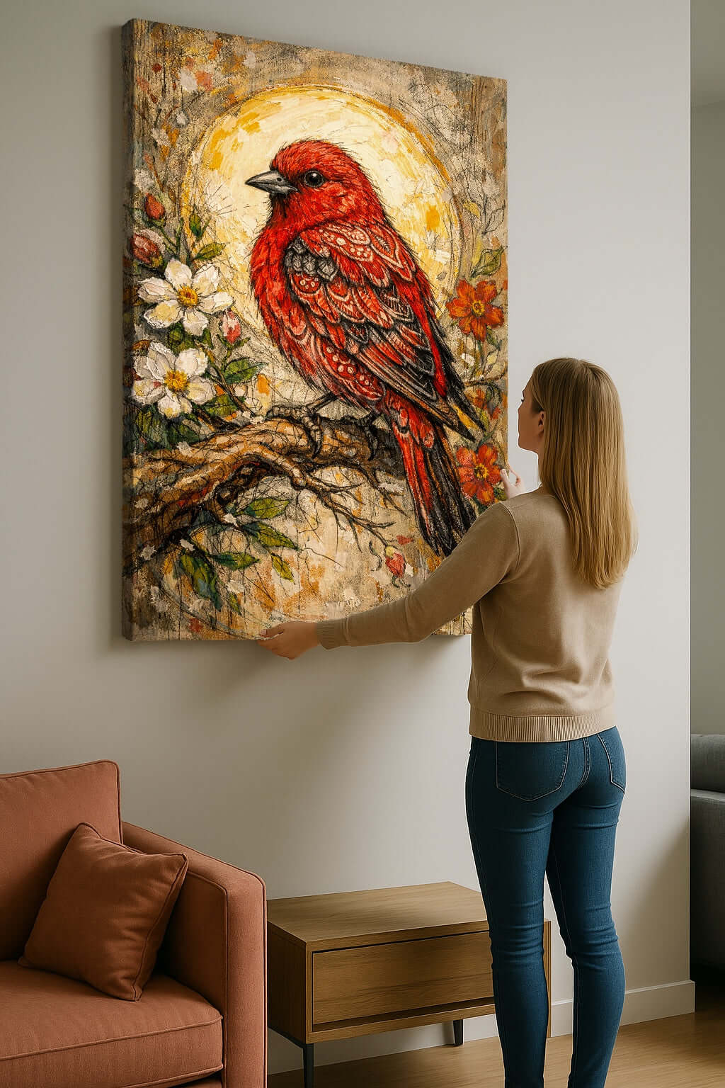 Canvas Schilderij Rode Vogel Bloemen – Unieke Wanddecoratie met Karakter