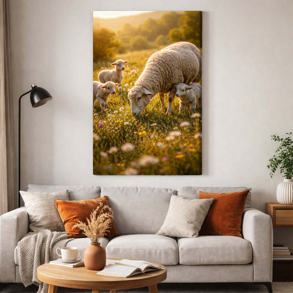 Canvas Schilderij Schaap met Schattige Lammeren woonkamer