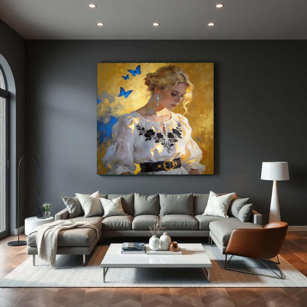 Canvas Schilderij Vrouw met Vlinders Gouden Achtergrond woonkamer