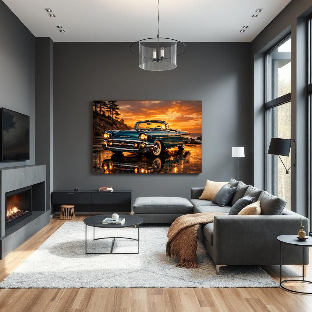 Canvas schilderij zonsondergang auto 1957 Chevrolet Bel Air strand