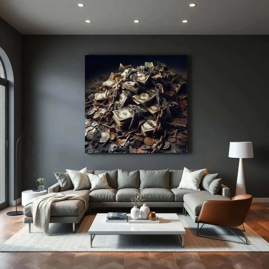 Canvas Dirty Money - Stoer Geld Canvas Schilderij voor Moderne Interieurs in een stijlvol ingericht woonkamer.