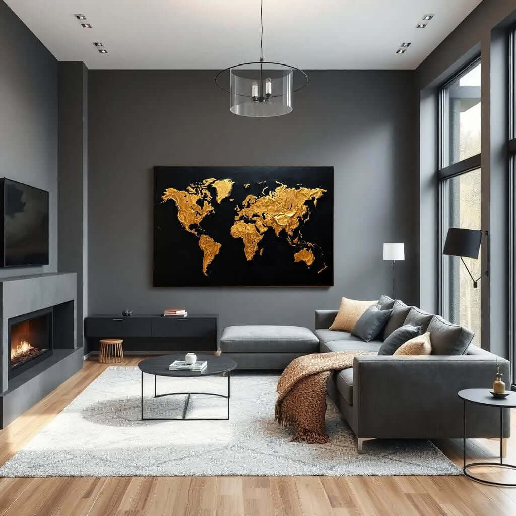 Gouden Wereld Canvas Schilderij – Luxe Wereldkaart Wanddecoratie voor een Stijlvol woonkamer
