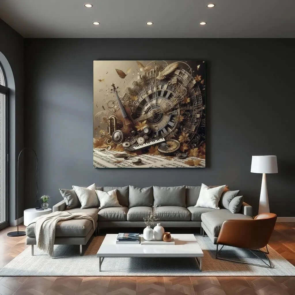 Moderne woonkamer met Canvas Schilderij Canalize Clarity, abstracte kunst met diepte en rust.