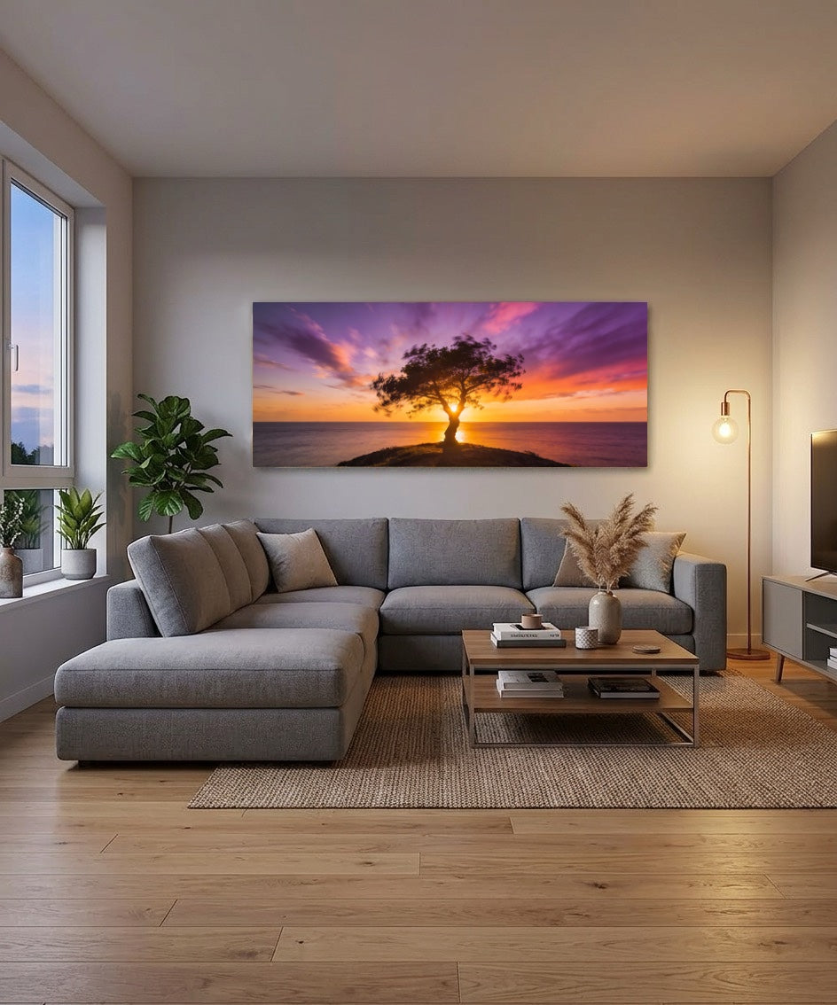 Canvas Schilderij Zonsondergang met Boom op Zee