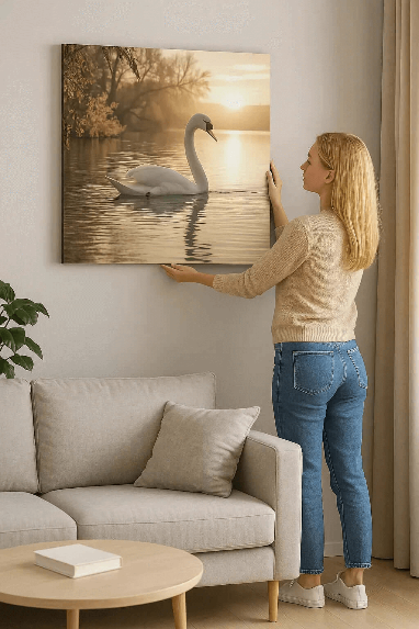 Swan at Sunset canvas schilderij - Vrouw hangt schilderij van een zwaan op in woonkamer met moderne inrichting.