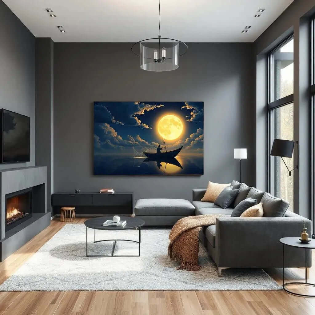 Fishing Full Moon Canvas Schilderij – Mystieke Wanddecoratie woonkamer met Volle Maan