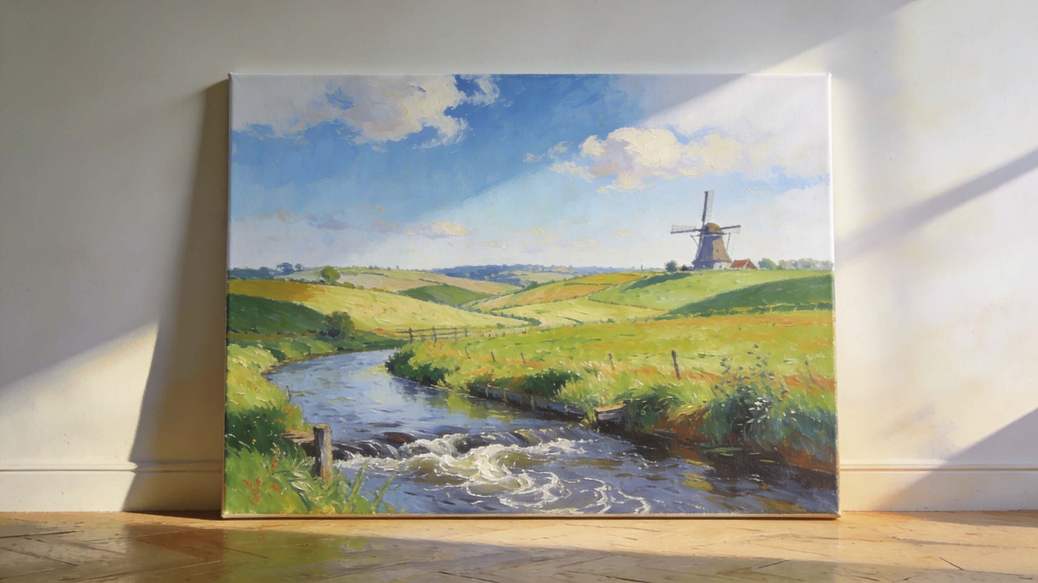 `"Landschap schilderij op canvas – bergpanorama in zonlicht"`
