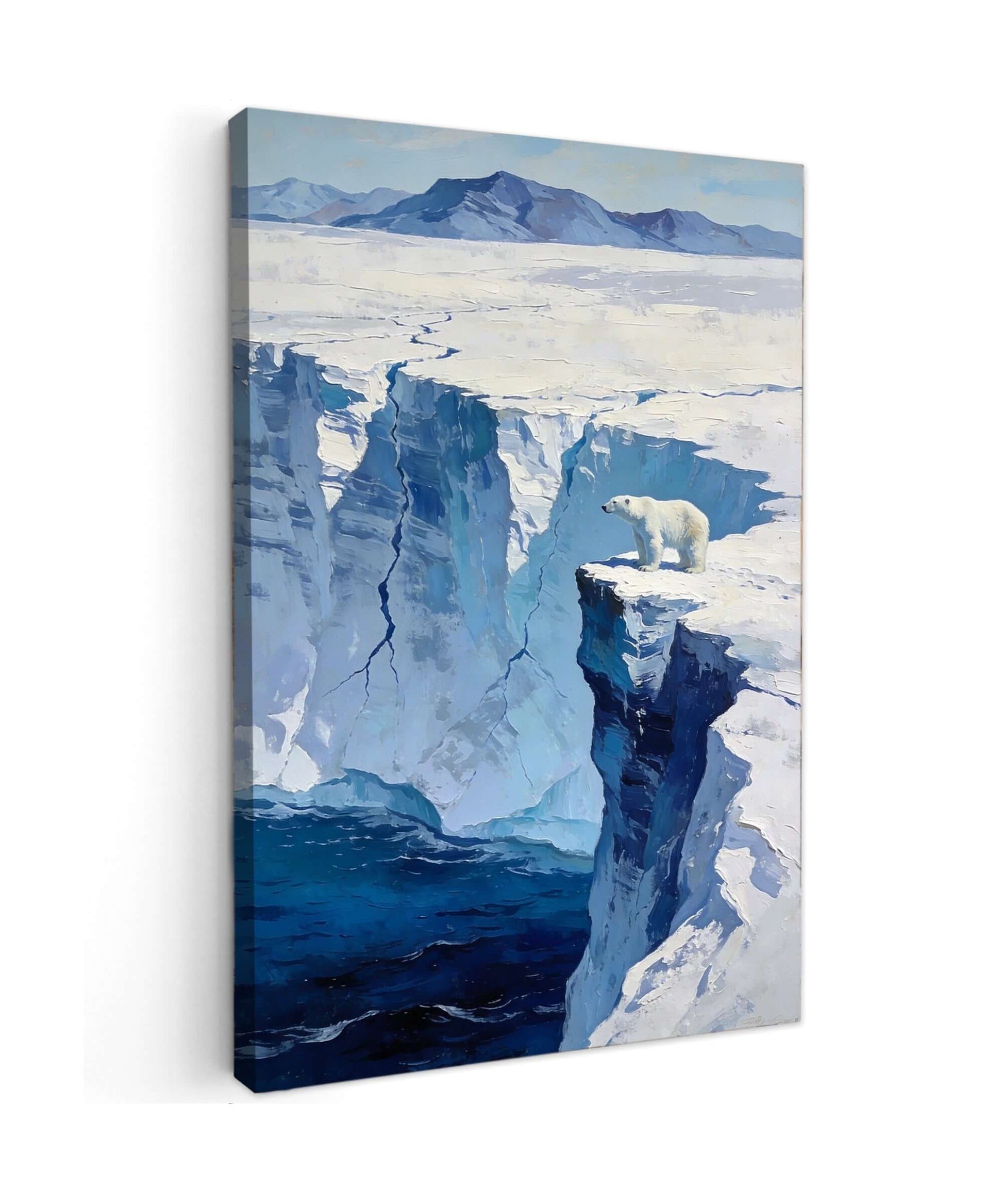 Canvas Schilderij Polar Bear Cliff Edge Kunst met een ijsbeer op de rand van een klif, prachtig detail en kleuren.
