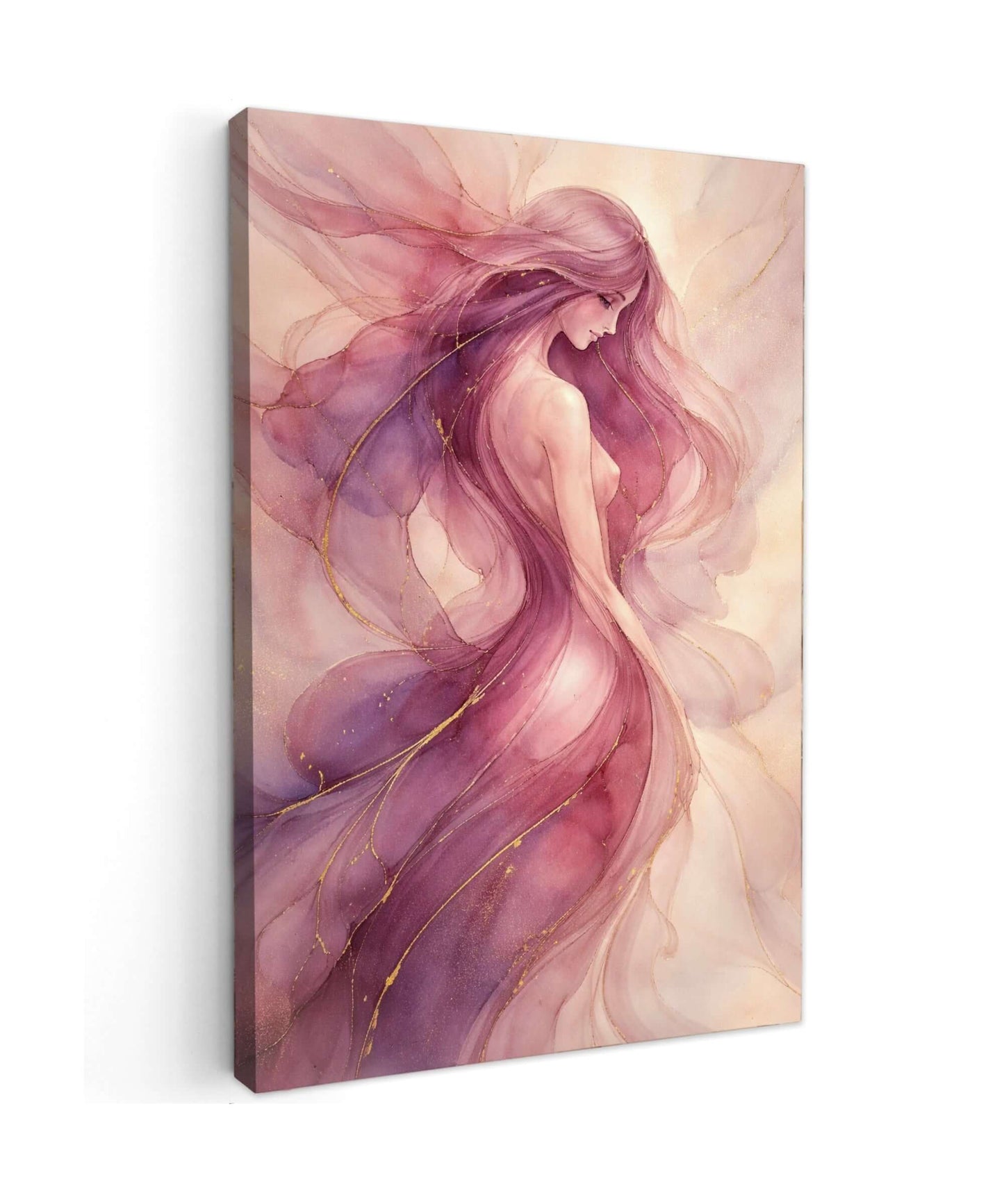 Canvas schilderij paarse abstracte vrouw met gouden accenten in een stijlvolle en levendige vormgeving.