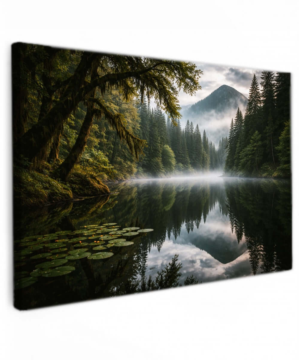 Canvas Schilderij Bosmeer met Waterlelies met prachtige natuurreflectie en serene omgeving