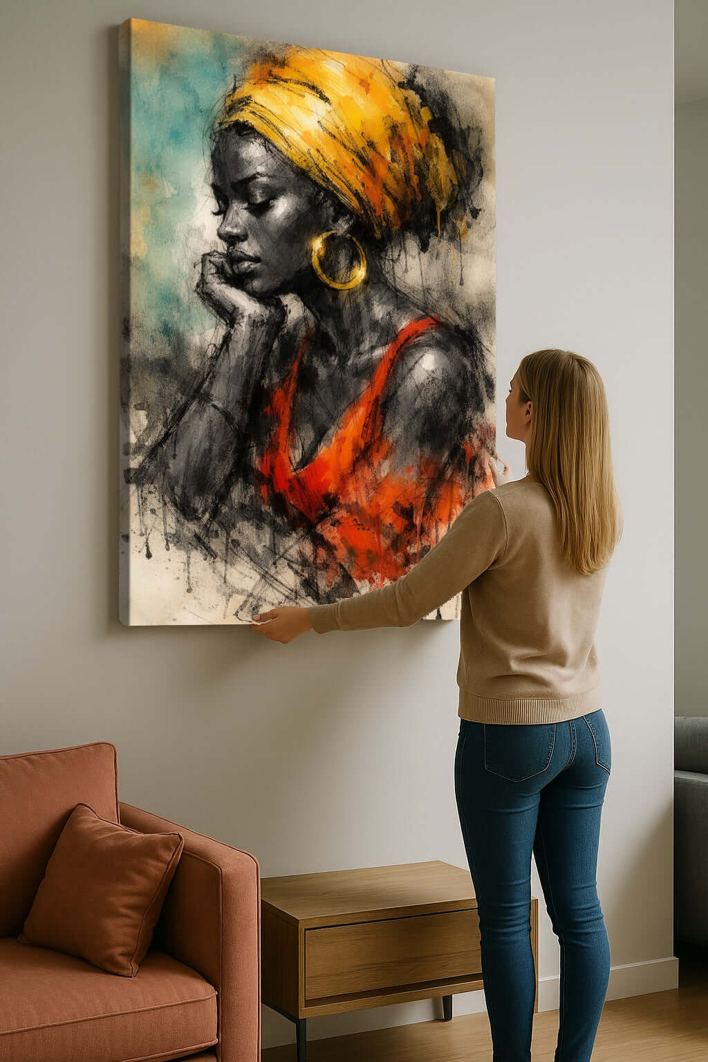 Canvas Schilderij Afrikaanse Vrouw Portret - stijlvolle afbeelding van vrouw met sjaal in levendige kleuren in modern interieur.