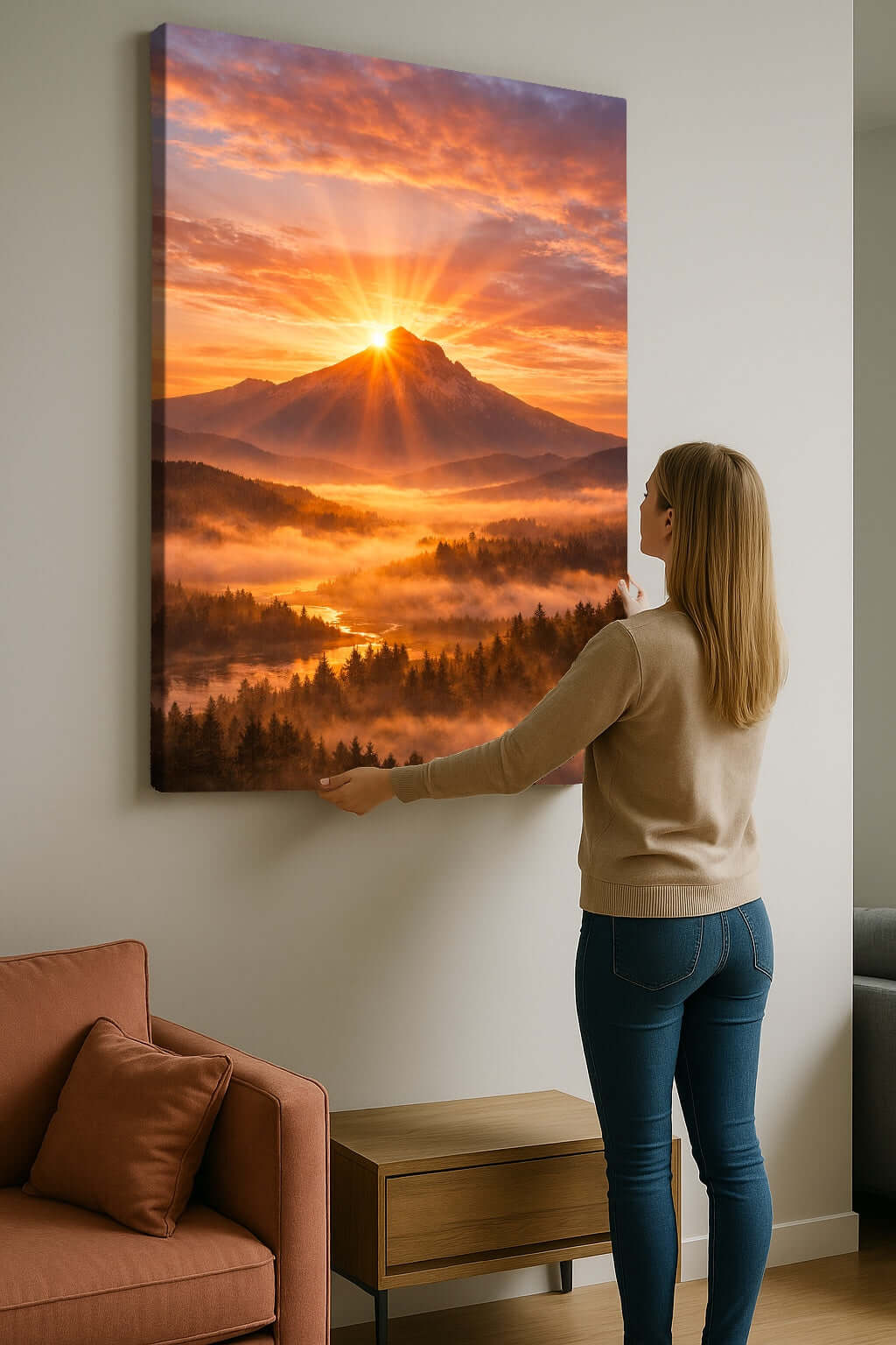 Vrouw bewondert het Canvas Schilderij Mount Hood Stijl Zonsopgang aan de muur in een moderne woonkamer.