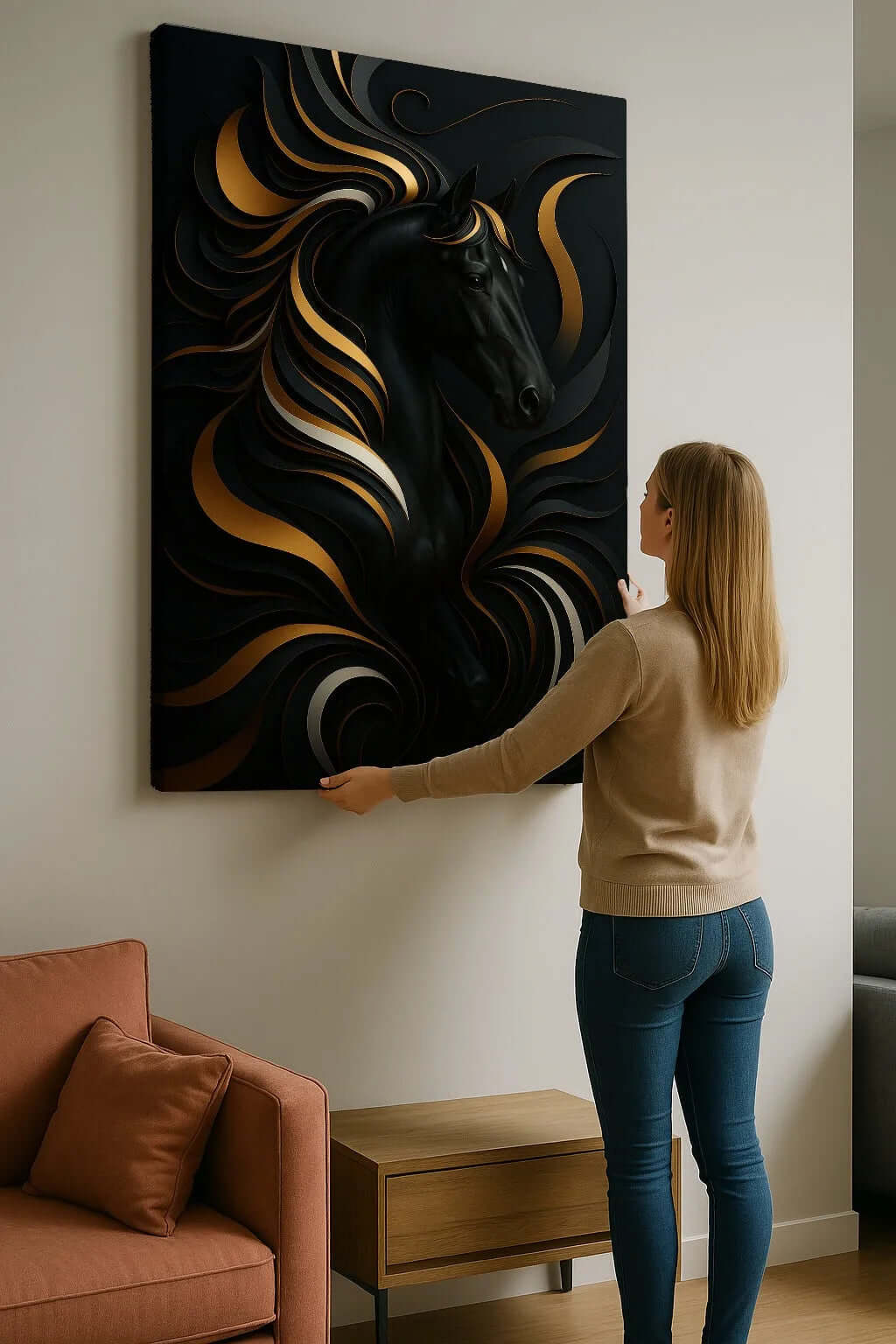 Canvas schilderij Black & Gold Horse – Luxe paarden wanddecoratie woonkamer met gouden accenten