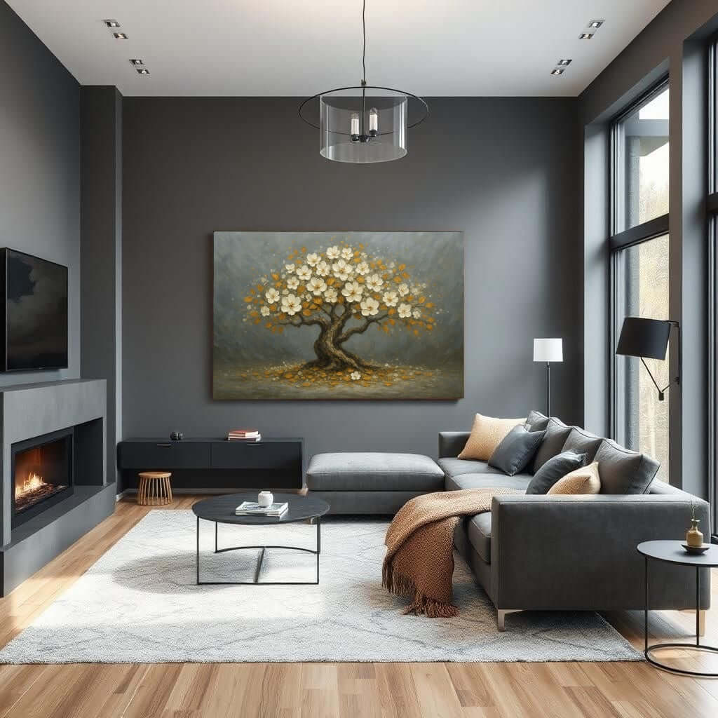 Canvas Schilderij Koper Bloemen Bonsai – Luxe Wanddecoratie met Rustgevende Uitstraling