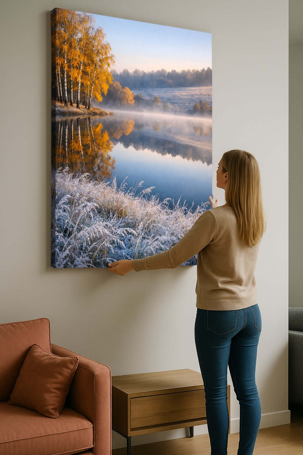 Canvas Schilderij Mistig Landschap – Berkenbos aan het Meer