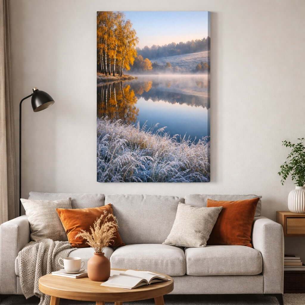 Canvas Schilderij Mistig Landschap – Berkenbos aan het Meer