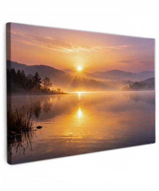 Canvas Schilderij Mistig Landschap – Gouden Licht Wanddecoratie