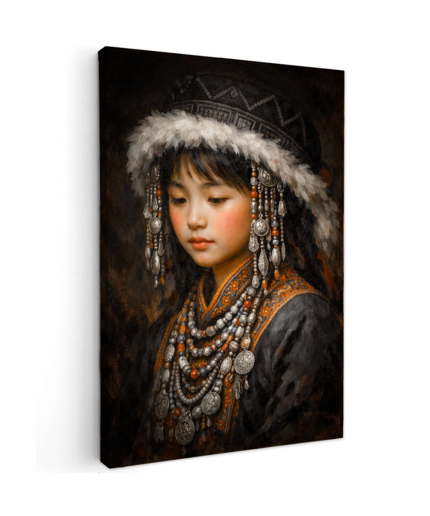 Canvas Schilderij Mongools Meisje in Traditionele Klederdracht