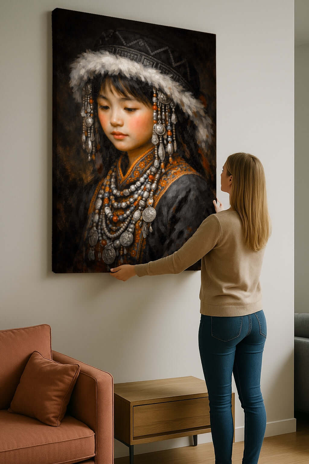 Canvas Schilderij Mongools Meisje in Traditionele Klederdracht ophangen