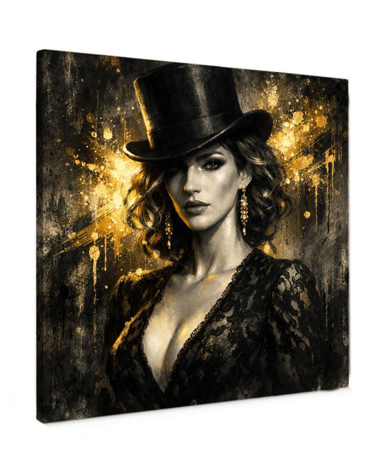 Canvas Schilderij Mysterieus Gouden Vrouw Top Hat