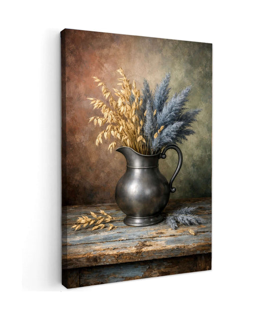 Canvas Schilderij Pampasgras met Gouden Korenaren Antieke Kan