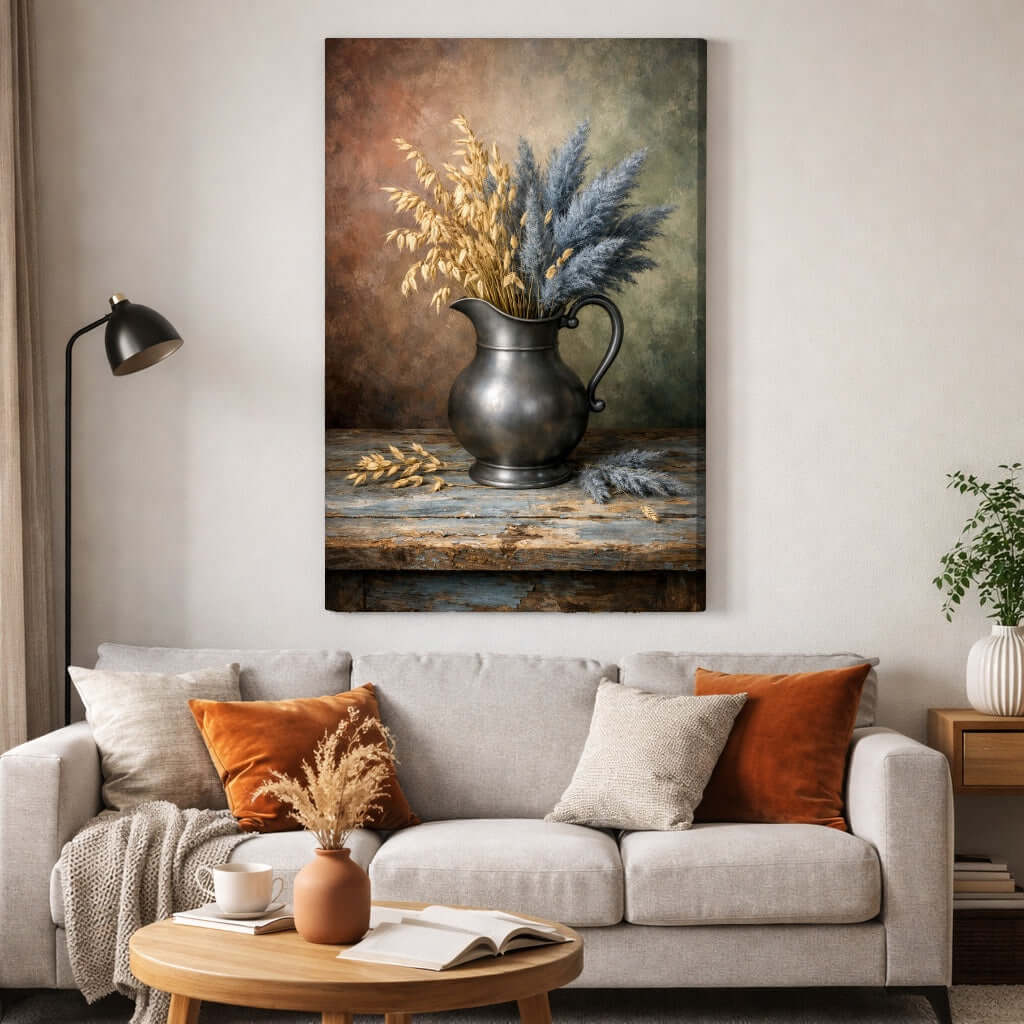 Canvas Schilderij Pampasgras met Gouden Korenaren Antieke Kan woonkamer