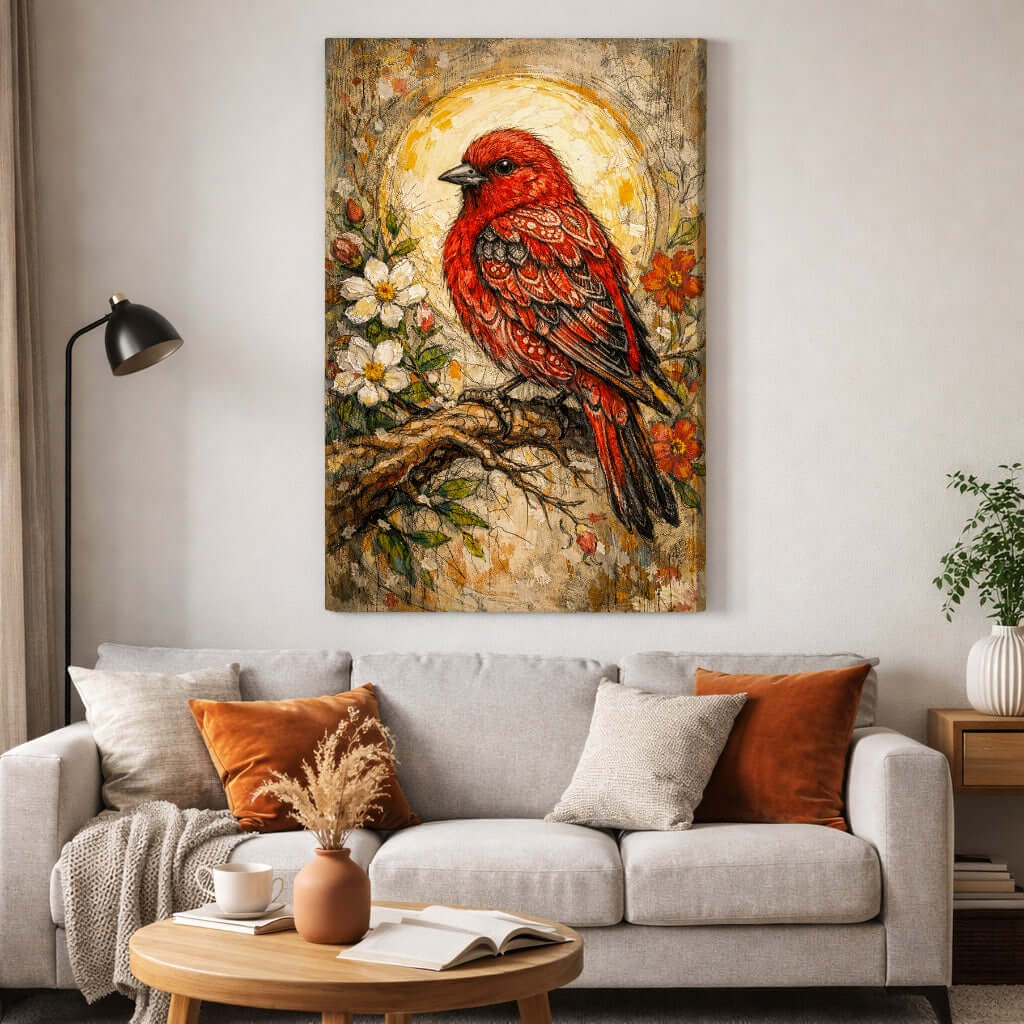 Canvas Schilderij Rode Vogel Bloemen – Unieke Wanddecoratie met Karakter