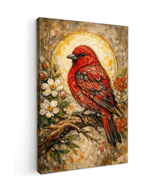 Canvas Schilderij Rode Vogel Bloemen – Unieke Wanddecoratie met Karakter