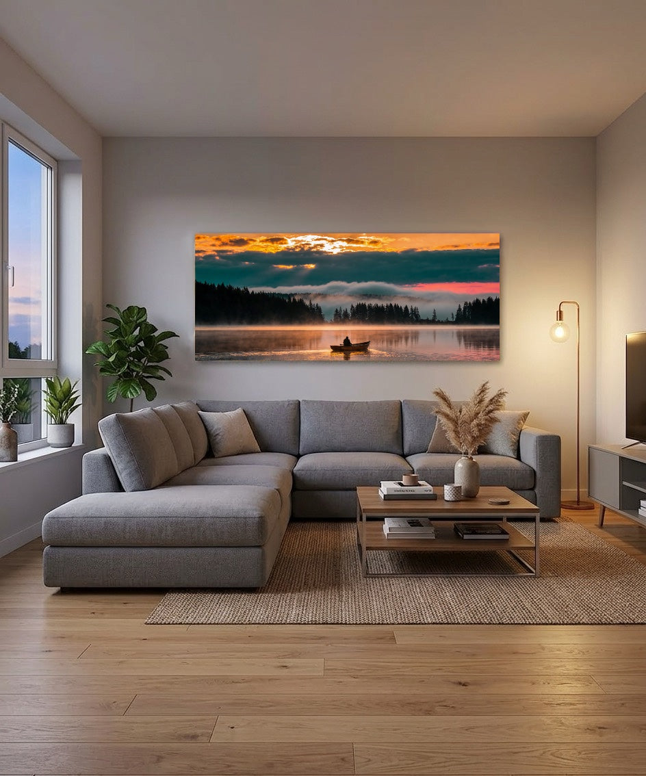 Canvas Schilderij Roeiboot Landschap – Mistig Meer Wanddecoratie