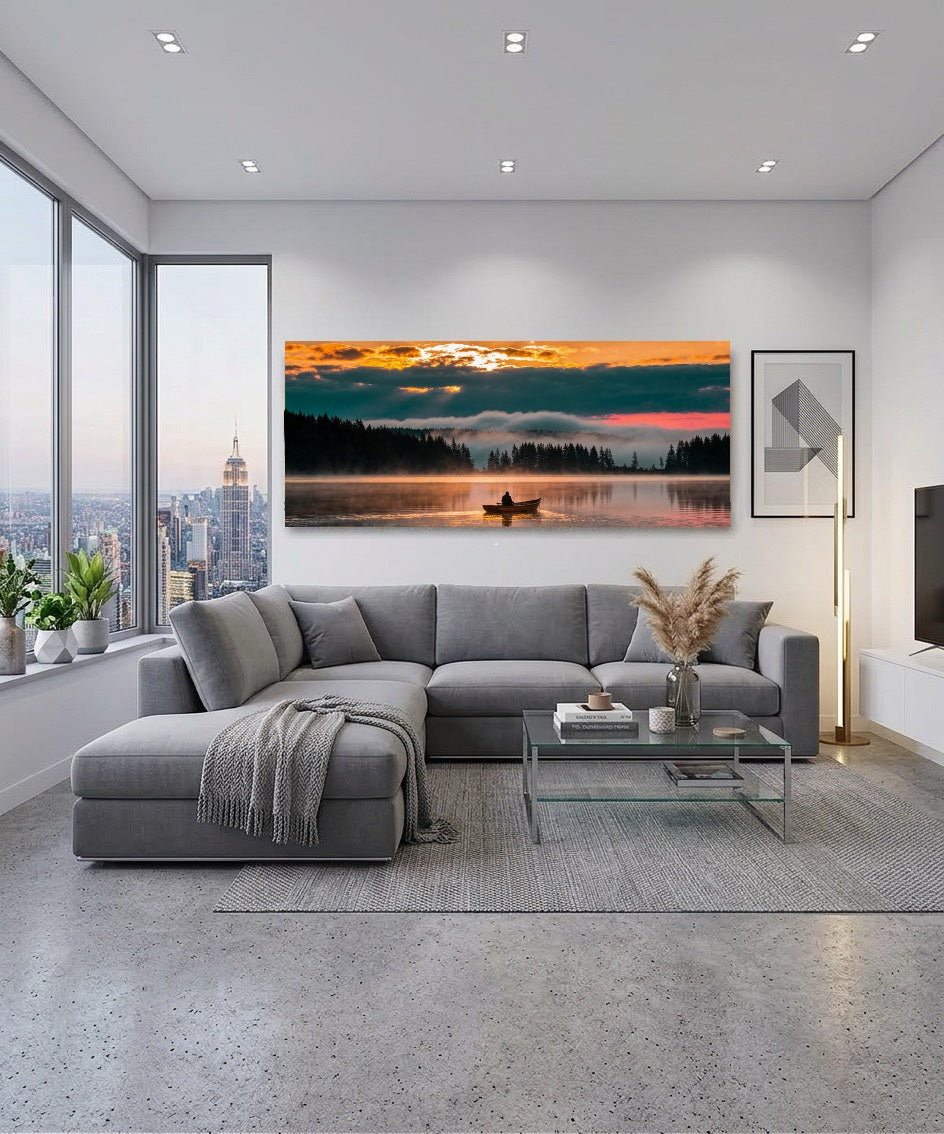 Canvas Schilderij Roeiboot Landschap – Mistig Meer Wanddecoratie