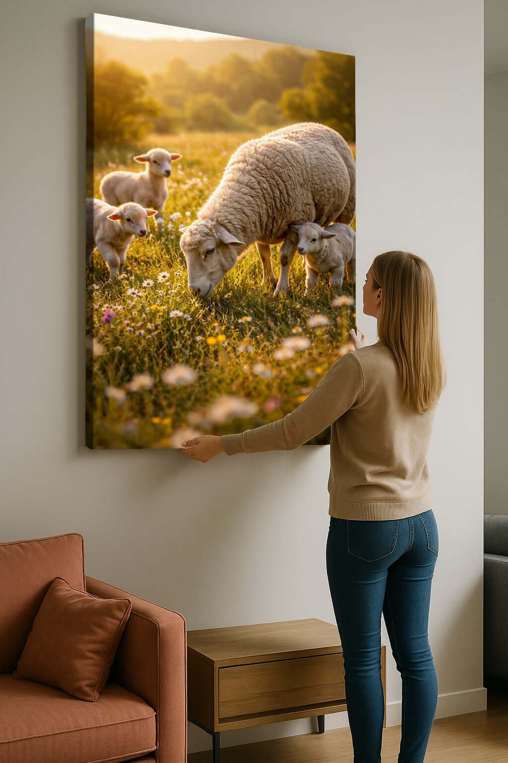 Canvas Schilderij Schaap met Schattige Lammeren ophangen