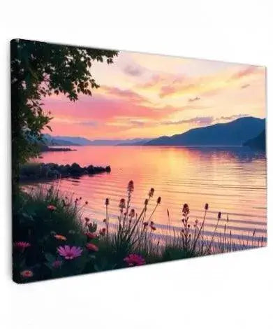 Canvas Schilderij Sunset Landschap – Wildflowers and Sunset
