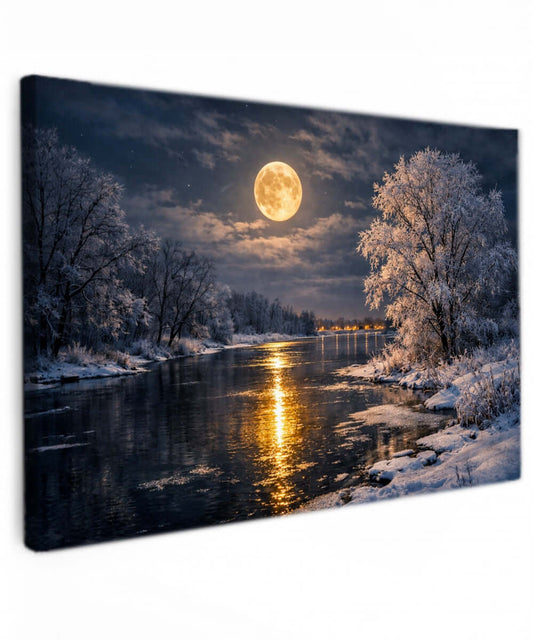 Canvas Schilderij Winter Landschap – Volle Maan Winterlandschap