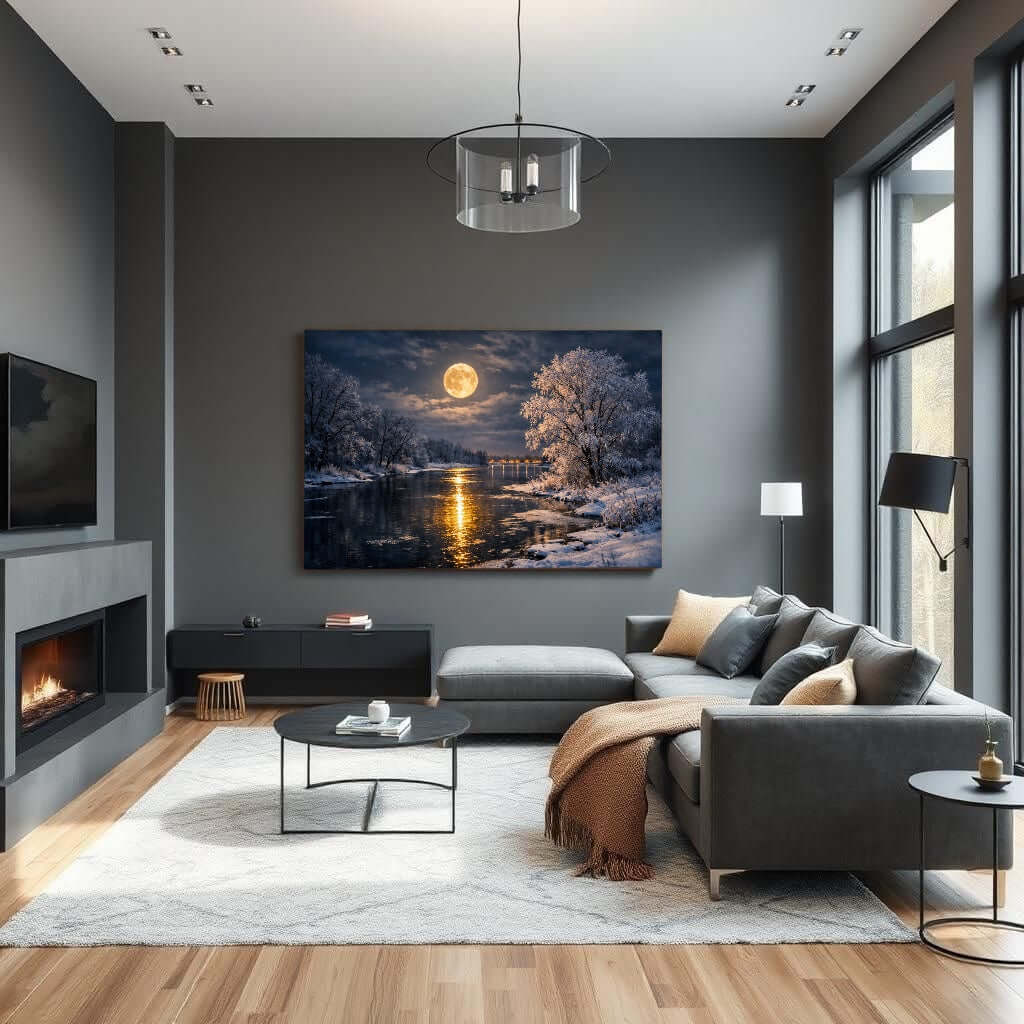 Canvas Schilderij Winter Landschap – Volle Maan Winterlandschap
