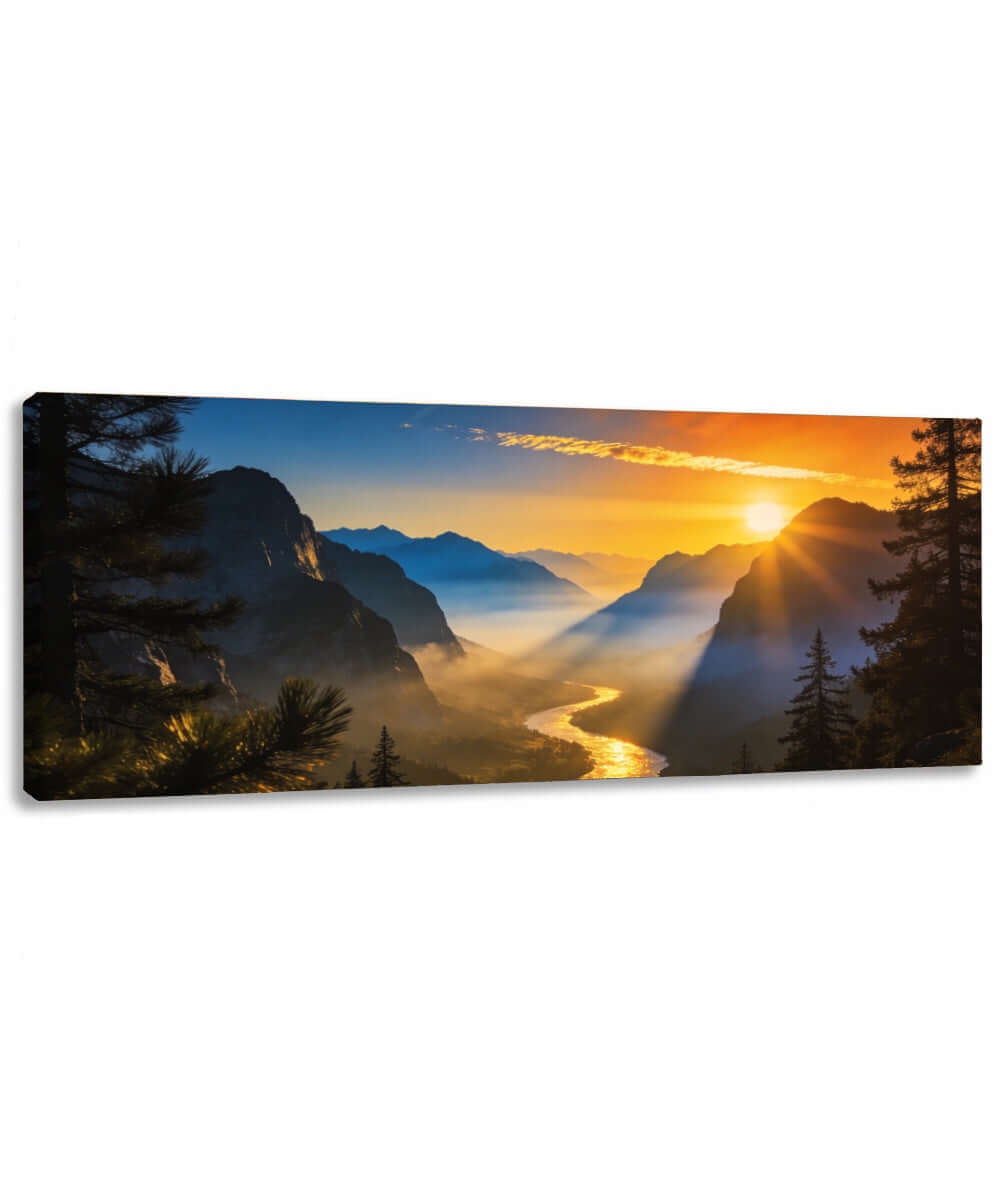 Canvas Schilderij Zonsopgang Landschap – Panorama Bergvallei