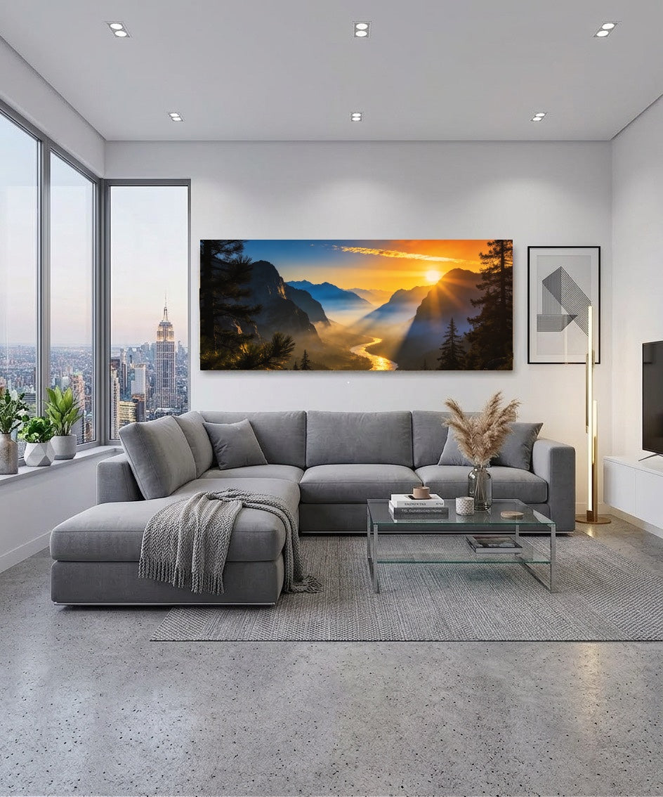 Canvas Schilderij Zonsopgang Landschap – Panorama Bergvallei