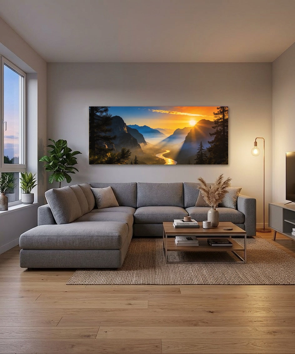 Canvas Schilderij Zonsopgang Landschap – Panorama Bergvallei