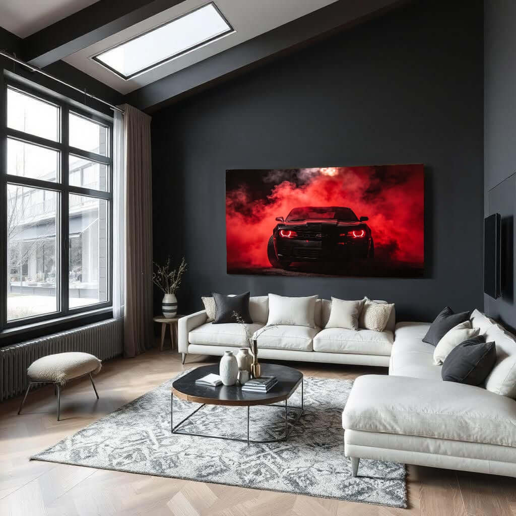 Canvas Schilderij Zwarte Chevrolet Camaro Rode Rook woonkamer