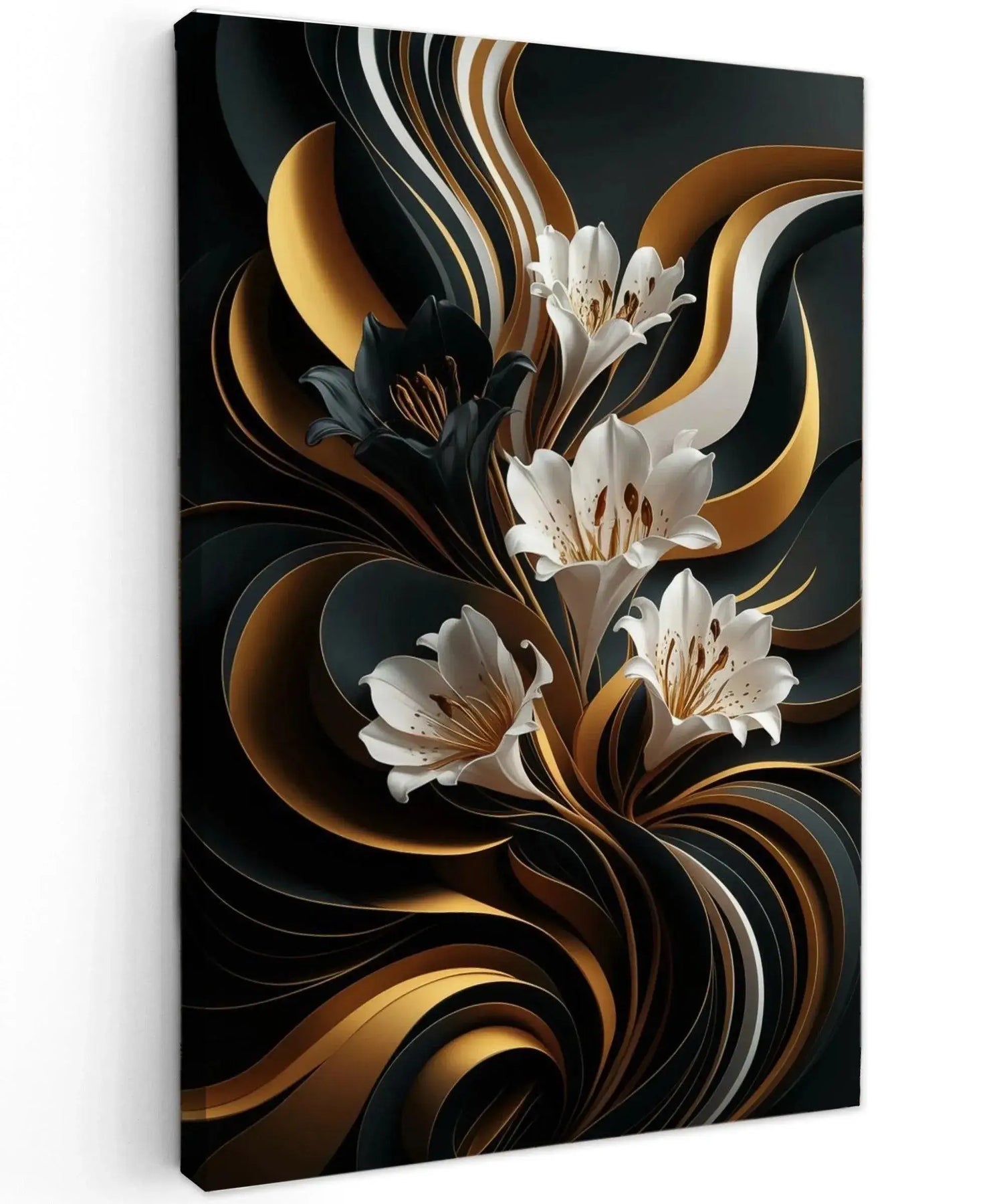 Canvas schilderij abstract zwart goud met stijlvolle bloemen in zwart en goud tinten.