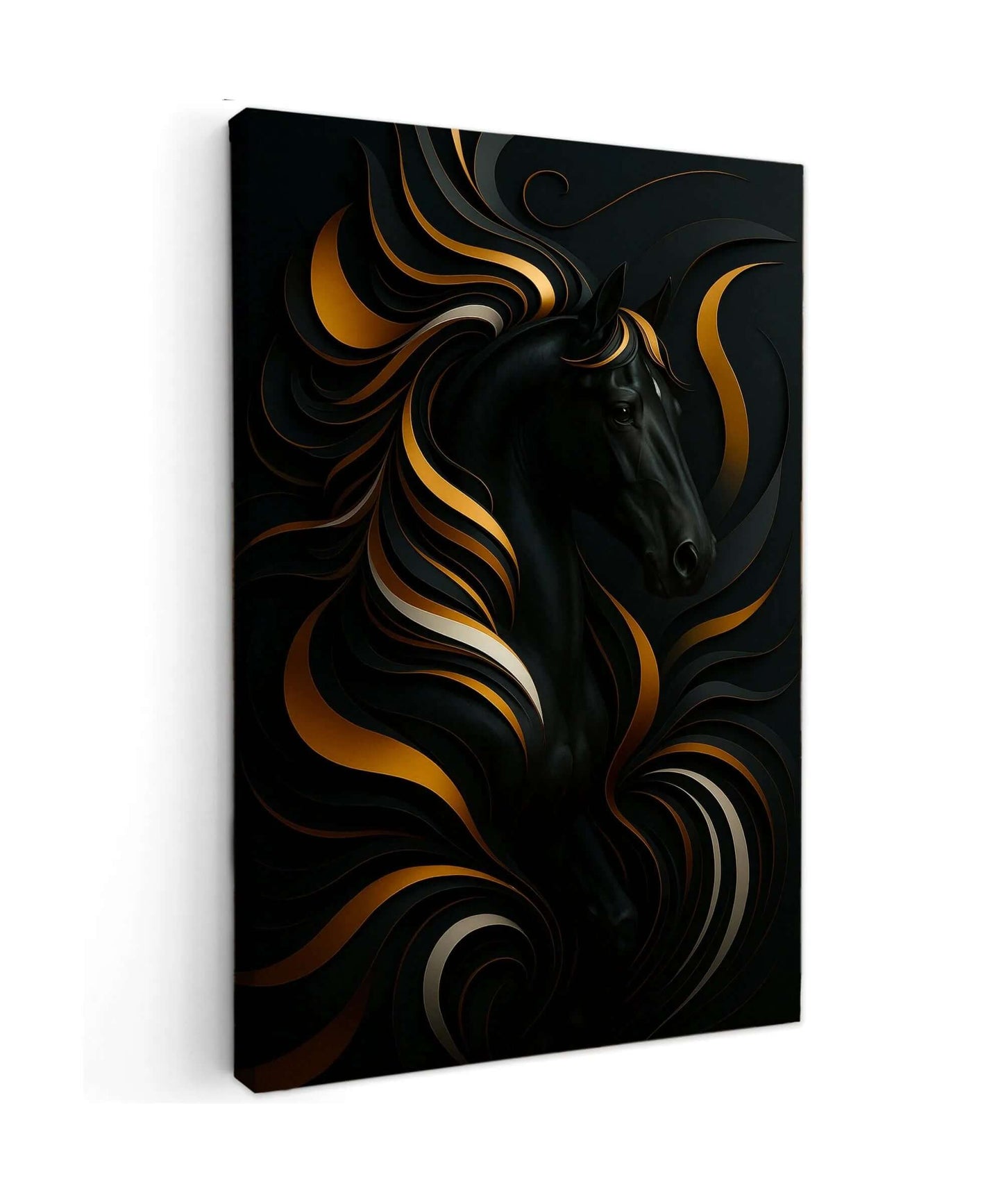Canvas schilderij Black & Gold Horse – Luxe paarden wanddecoratie met gouden accenten