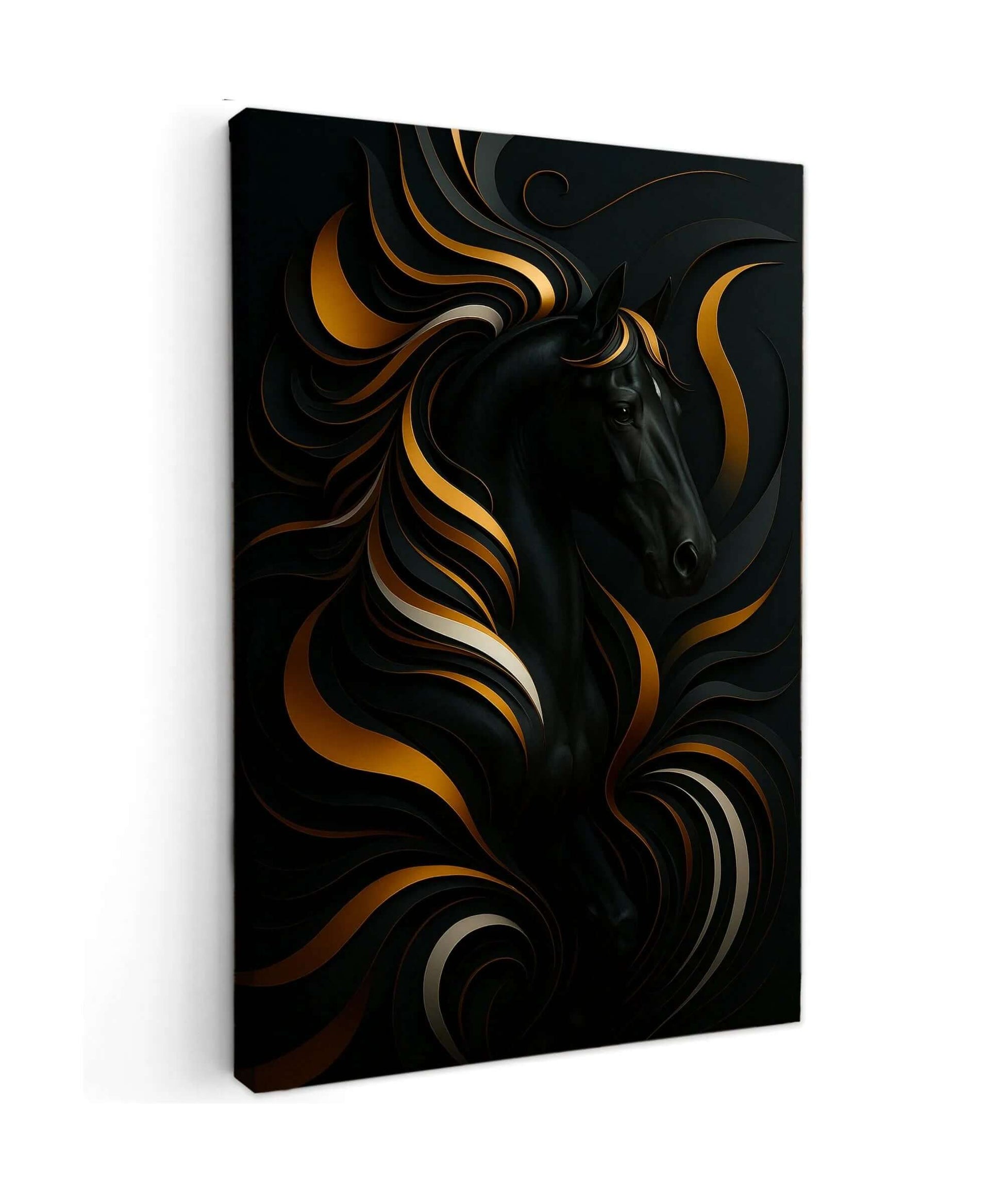 Canvas schilderij Black & Gold Horse – Luxe paarden wanddecoratie met gouden accenten