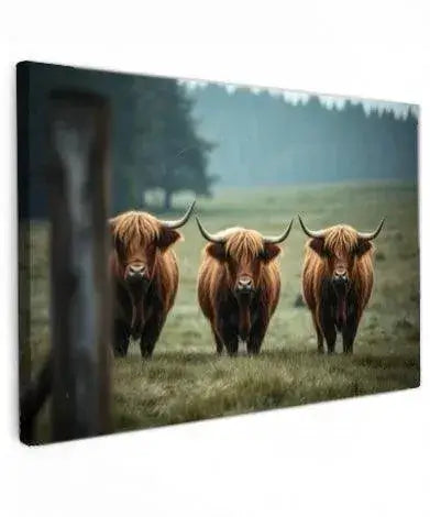 Highland Trio canvas schilderij – stijlvolle Highland koe wanddecoratie voor je interieur