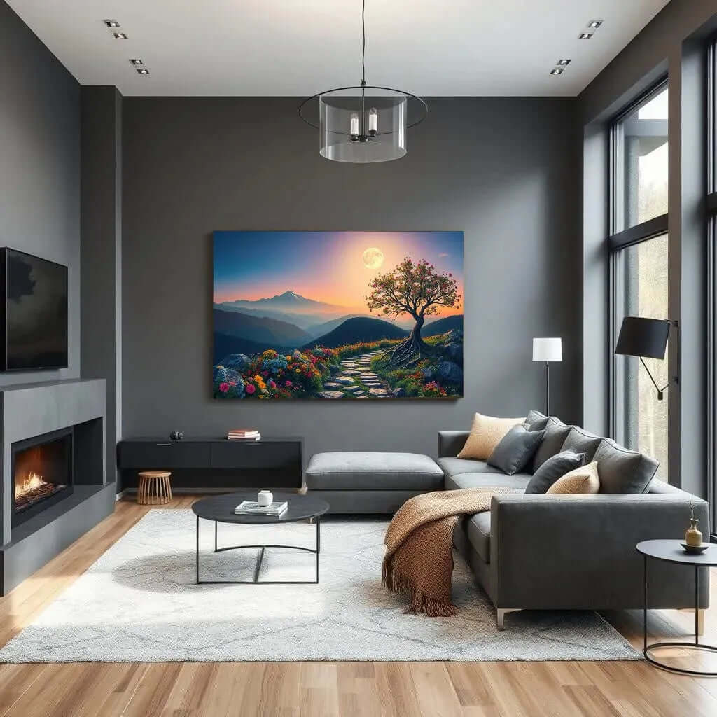 Canvas schilderij bomen landschap – Blossom Tree Stone Path woonkamer