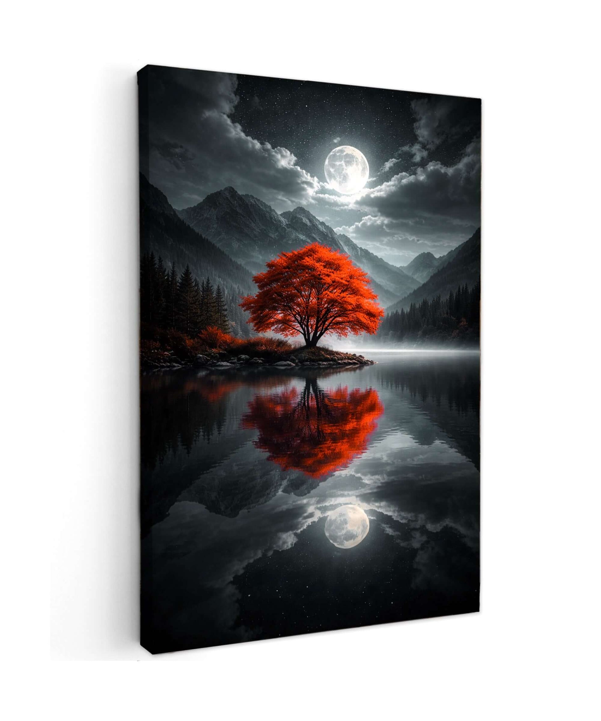 Canvas schilderij boom landschap – Rode Boom Volle Maan