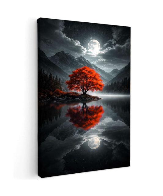 Canvas schilderij boom landschap – Rode Boom Volle Maan