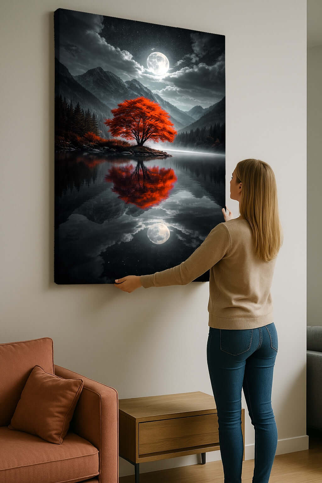Canvas schilderij boom landschap – Rode Boom Volle Maan