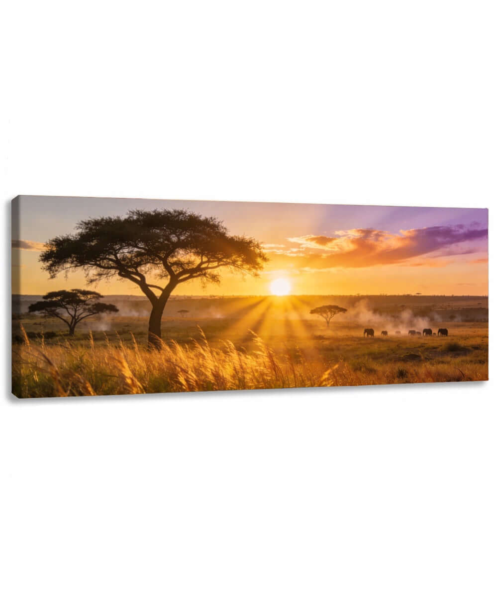 Canvas schilderij olifanten landschap – Savanne zonsondergang