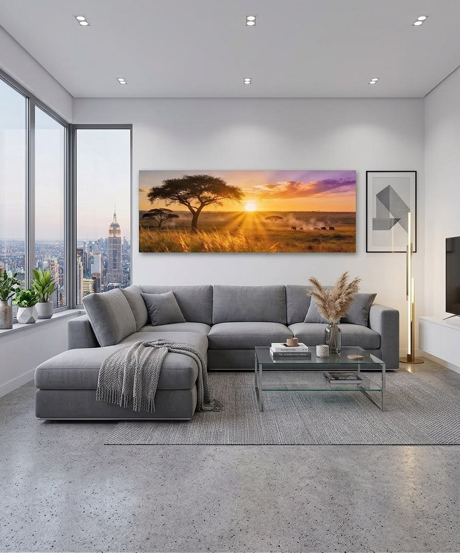 Canvas schilderij olifanten landschap – Savanne zonsondergang
