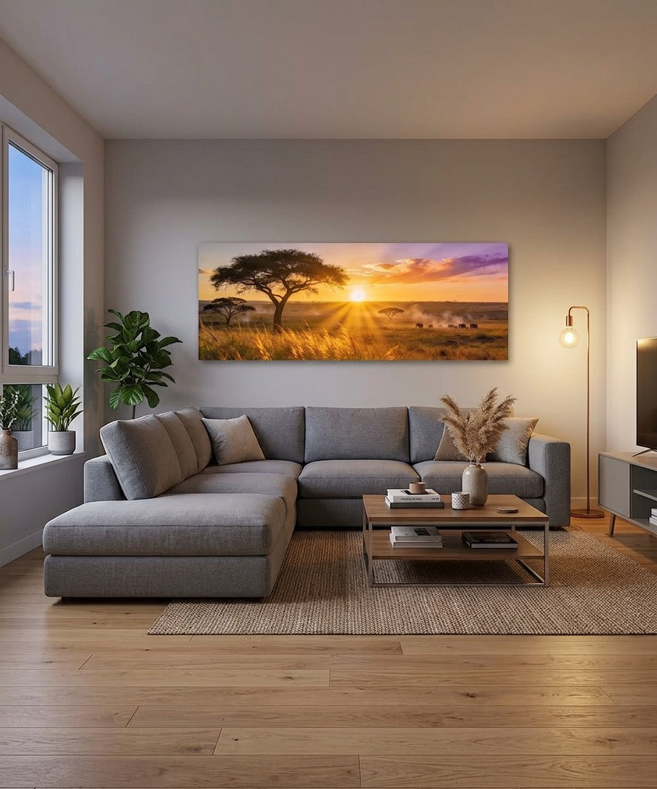 Canvas schilderij olifanten landschap – Savanne zonsondergang